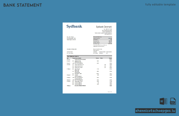 Beispiel eines Kontoauszugs der dänischen Sydbank (Excel-Vorschau)
